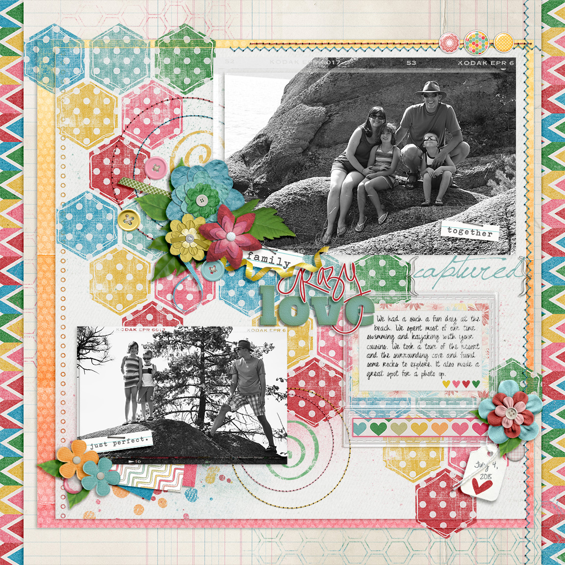 Eclectic scrapbook layout for the Master of Scrap competition.